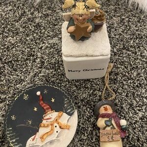 VTG 90s Christmas decor angel candle, snowman plate & ornament set of 3